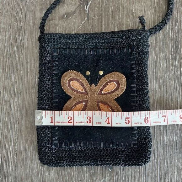 Vintage 90s Black Crocheted Cross Body Bag With Brown Butterfly Detail - Picture 7 of 9
